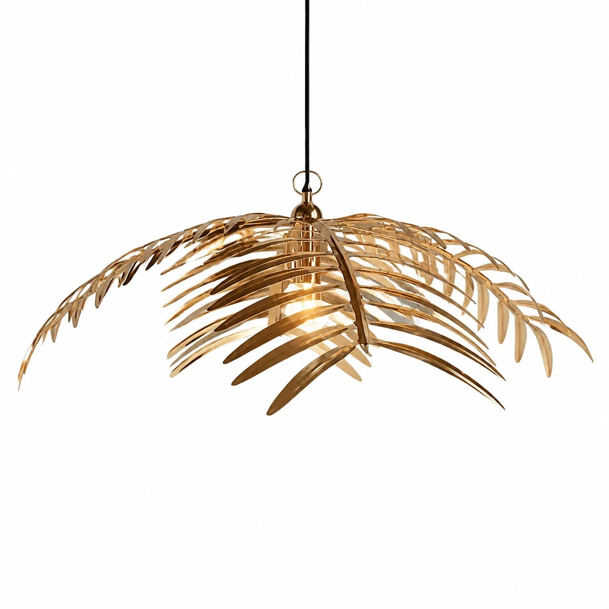Single layer gold palm leaf chandelier on a white background
