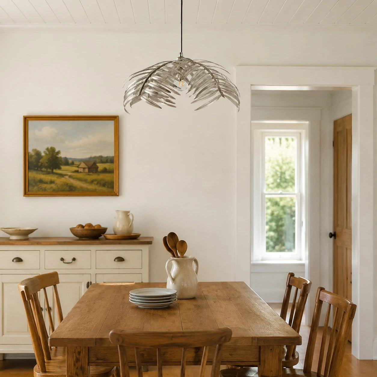 Silver palm leaf chandelier above a rustic dining table
